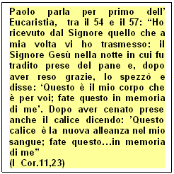 Casella di testo: Paolo parla per primo dell' Eucaristia,  tra il 54 e il 57: Ho ricevuto dal Signore quello che a mia volta vi ho trasmesso: il Signore Ges&ugrave; nella notte in cui fu tradito prese del pane e, dopo aver reso grazie, lo spezz&ograve; e disse: �Questo &egrave; il mio corpo che &egrave; per voi; fate questo in memoria di me'. Dopo aver cenato prese anche il calice dicendo: 'Questo calice  &egrave; la  nuova alleanza nel mio sangue; fate questo�in memoria di me
(I  Cor.11,23)  
